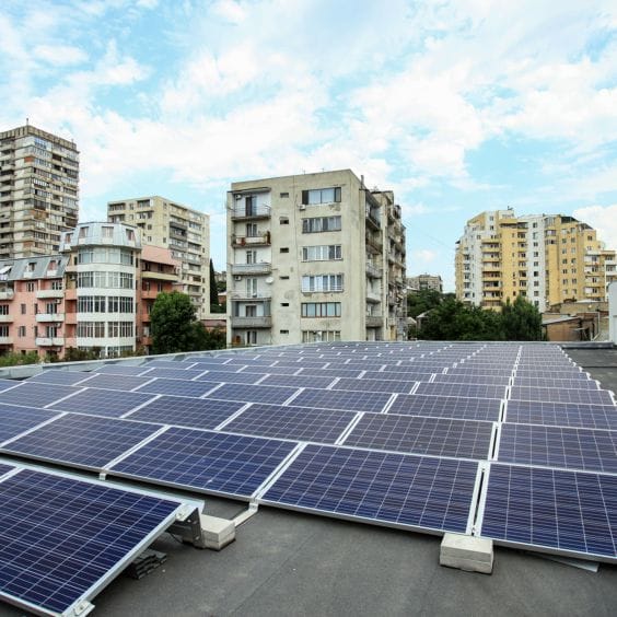 Solar panels on flat roof, Georgia.